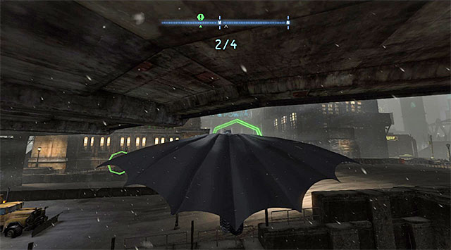 Glide towards the ring located on the left but, correct the flight path in the mid-flight, accordingly, to steer towards the bridge on the right - Dark Knight System | Challenges - Challenges - Batman: Arkham Origins Game Guide
