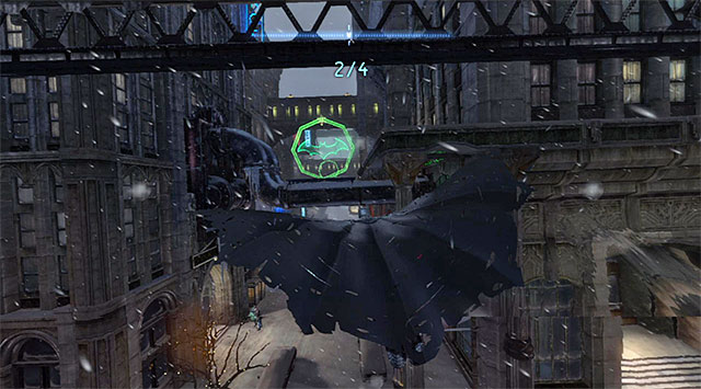 Start by diving towards the ledge right at the buildings wall, below the starting point - Dark Knight System | Challenges - Challenges - Batman: Arkham Origins Game Guide