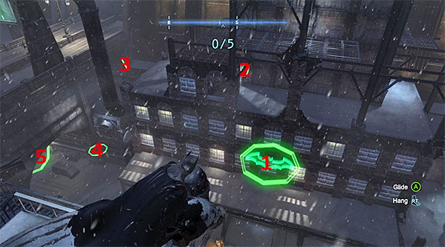 The initial part of this task is the most difficult one, where after you dive and get above ring 1 (the screenshot), you need to ascend at the moment that will allow you to glide through the pipes with rings 2 and 3 - Dark Knight System | Challenges - Challenges - Batman: Arkham Origins Game Guide