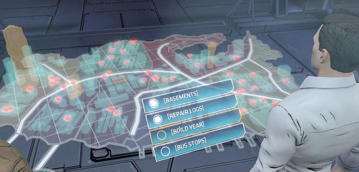 The next step requires you to enter the gathered data to the Batcomputer and choosing the filters on the map - Chapter 4 - The Legacy | Walkthrough - Episode 5: City of Light - Batman: The Telltale Games Series Game Guide