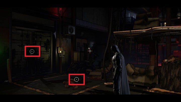 Here, you will find two objects: a dead mercenary and door to the container - Chapter 4 - Worlds Greatest Detective | Walkthrough - Episode 1: Realm of Shadows - Batman: The Telltale Games Series Game Guide