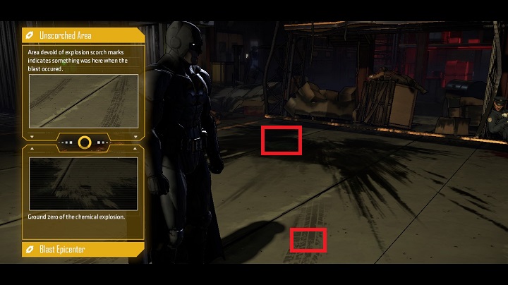 By using the camera and the S button, you can notice tire marks near the chemical stain - Chapter 4 - Worlds Greatest Detective | Walkthrough - Episode 1: Realm of Shadows - Batman: The Telltale Games Series Game Guide