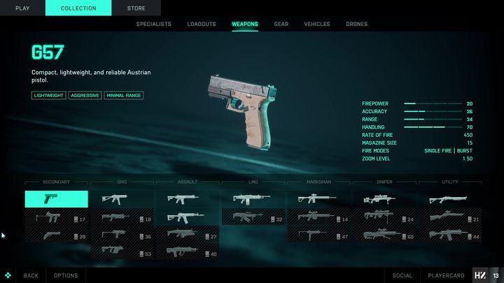 G57 is a basic secondary weapon, available from the very beginning of the game - Battlefield 2042: Secondary weapons - list - Weapons - Battlefield 2042 Guide