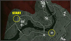 The second one is in the camp located north to the crossroads controlled by the enemy (white cross in the yellow circle in the picture on the left) - Crash and Grab - Gold crates - Battlefield: Bad Company - Game Guide and Walkthrough