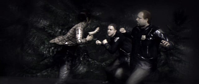 In this particular case, Jodie performs a block by moving her hands towards the policemen. Your task is to lean the analog stick to the right. - Game Guide - Controls, combat and Aidens powers | Beyond - Appendix - Beyond Two Souls Guide