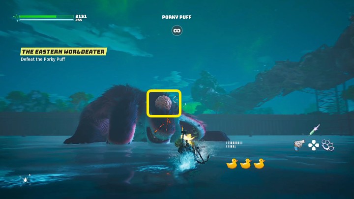 When all 4 weak points are destroyed, the boss will fall and you will be able to swim up from the front and smash the large growth that will grow on Porky Puff's head - Biomutant: Porky Puff - how to beat? Boss fight - Bosses - Biomutant Guide