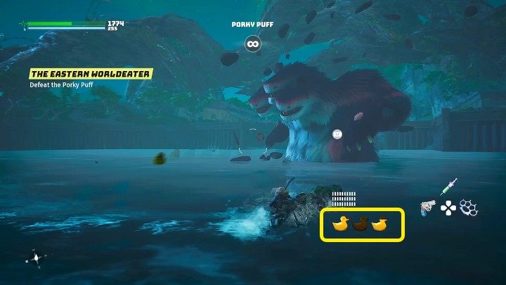 As soon as the Porky Puff emerges to locate his target, throw out a rubber duck to distract him - this will cause the boss to go on land - Biomutant: Porky Puff - how to beat? Boss fight - Bosses - Biomutant Guide