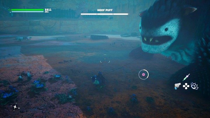 When you destroy three vulnerable points, the Hoof Puff will open his mouth for a moment - approach him and throw a rope over one of his teeth, then press the correct key (square on PS4/PS5) to pull it out - Biomutant: The Northeastern Worldeater - walkthrough - Main quests - Biomutant Guide