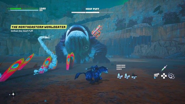When the boss fires three series of bullets, release one Glittermoth right in front of his face to distract him - Biomutant: The Northeastern Worldeater - walkthrough - Main quests - Biomutant Guide