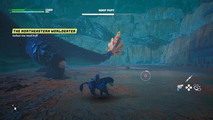 As the Hoof Puff tries to catch the Glittermoth, run up to him and tie his paws together with the rope, then mash the correct button to knock the beast down - Biomutant: The Northeastern Worldeater - walkthrough - Main quests - Biomutant Guide