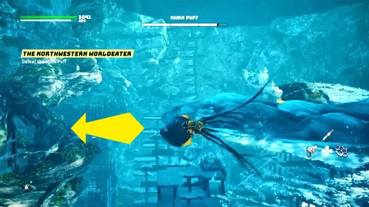 When the boss raises his tail and starts to move it, it is a sign that he is about to make a quick turn around his axis and release a wave towards you - Biomutant: The Northwestern Worldeater - walkthrough - Main quests - Biomutant Guide