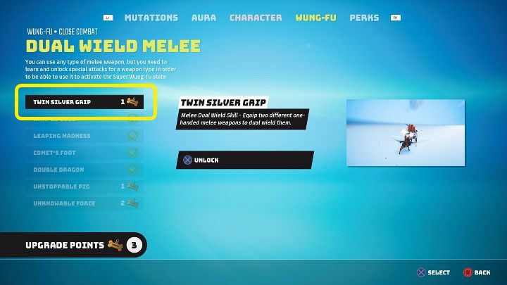 In the Wung-Fu tab of the melee combat category, purchase the following skill for 1 upgrade point - Twin Silver Grip - Biomutant: Dual Wield - how to unlock? - Character & equipment - Biomutant Guide