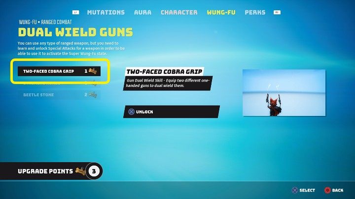 In the Wung-Fu tab of the ranged weapons category, you need to purchase the following skill for 1 upgrade point - Two-Faced Cobra Grip - Biomutant: Dual Wield - how to unlock? - Character & equipment - Biomutant Guide