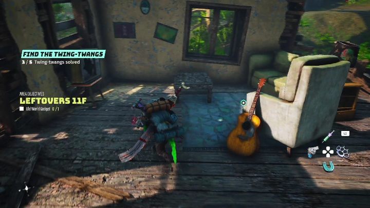 You will find the guitar in a wooden house, right next to a sizable armchair - Biomutant: Find the Twing-Twangs - walkthrough - Exploration - Biomutant Guide