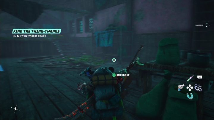 You'll find the guitar in the dilapidated cottage, opposite the stairs - Biomutant: Find the Twing-Twangs - walkthrough - Exploration - Biomutant Guide