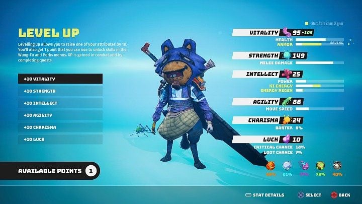 Every time your character gains a new level, you will be able to increase the value of one of your attributes by 10 points - Biomutant: Character development - Basics - Biomutant Guide