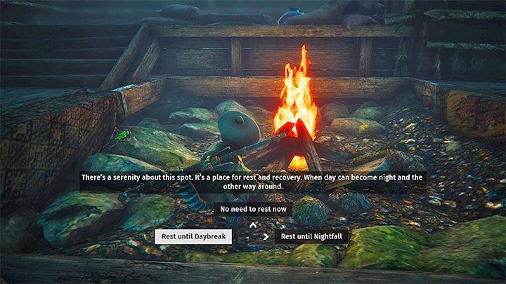 After interacting with the bonfire, you can choose whether to fast-forward time to the morning or evening hours - Biomutant: Changing the time of day - is it possible? - FAQ - Biomutant Guide