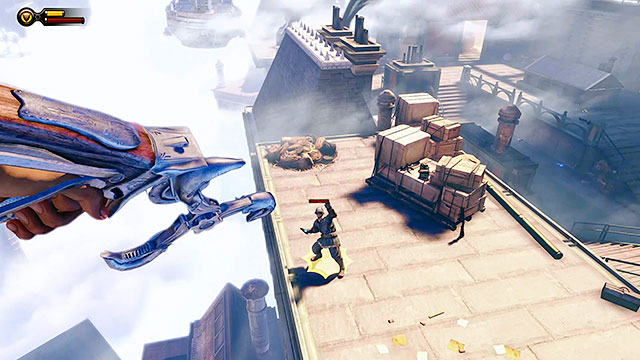 Continue using the Sky-Hook to connect to nearby hooks until you get to the last one - Go to the Monument Island and find the girl (part 1) | Chapter 4 - Comstock Center Rooftops - Chapter 4 - Comstock Center Rooftops - BioShock Infinite Guide