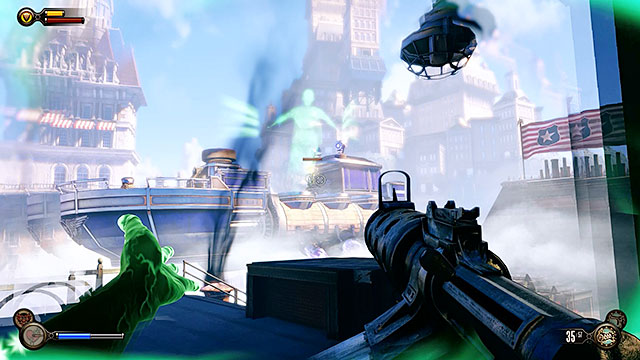 A police barge with a mounted turret is hovering near your roof - Go to the Monument Island and find the girl (part 1) | Chapter 4 - Comstock Center Rooftops - Chapter 4 - Comstock Center Rooftops - BioShock Infinite Guide