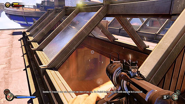After youve won the battle (or avoided it) head down to a lower roof and locate a skylight in order to enter Lansdowne Residence - Go to the Monument Island and find the girl (part 1) | Chapter 4 - Comstock Center Rooftops - Chapter 4 - Comstock Center Rooftops - BioShock Infinite Guide