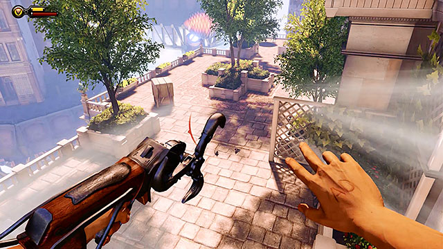 You can use a Sky-hook to travel from the residence balcony to a nearby terrace - Go to the Monument Island and find the girl (part 1) | Chapter 4 - Comstock Center Rooftops - Chapter 4 - Comstock Center Rooftops - BioShock Infinite Guide