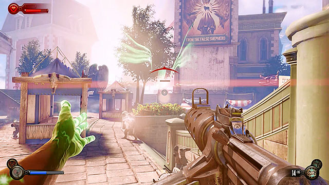 Use the back door to leave the building and expect to be forced to engage a new group of police units - Go to the Monument Island and find the girl (part 1) | Chapter 4 - Comstock Center Rooftops - Chapter 4 - Comstock Center Rooftops - BioShock Infinite Guide