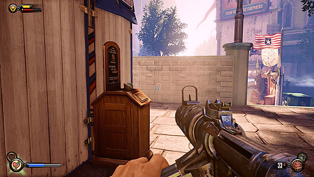 Use the stairs found behind the Dolar Bill machine - Go to the Monument Island and find the girl (part 1) | Chapter 4 - Comstock Center Rooftops - Chapter 4 - Comstock Center Rooftops - BioShock Infinite Guide