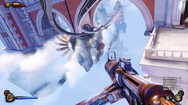 Proceed towards the terrace located on the other side of the apartment and start using the sky-line again in order to reach the next blockade - Use the sky-lines to reach Monument Island | Chapter 5 - Monument Island Gateway - Chapter 5 - Monument Island Gateway - BioShock Infinite Guide