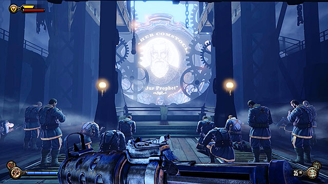 Before youll end your trip using the sky-line youll notice that all policemen have received orders from Prophet and as a result they will enter a state of prayer, ignoring the main character instead of attacking him - Use the sky-lines to reach Monument Island | Chapter 5 - Monument Island Gateway - Chapter 5 - Monument Island Gateway - BioShock Infinite Guide