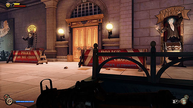 There are two vending machines near the exit from this unguarded station and you can also find a machine gun, ammunition and medkits behind one of the police barriers - Board Prophet Comstocks zeppelin | Chapter 5 - Monument Island Gateway - Chapter 5 - Monument Island Gateway - BioShock Infinite Guide