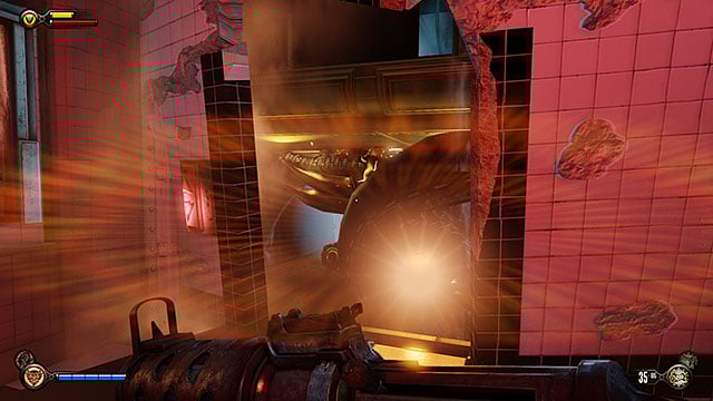 Songbird will attack you here and once the attack is over approach the elevators frame and drop down to a staircase - Escape Monument Tower with Elizabeth | Chapter 6 - Monument Tower - Chapter 6 - Monument Tower - BioShock Infinite Guide