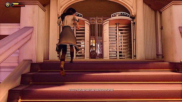 In order to continue the plot of Chapter 7 you have to move (with Elizabeth) towards the rotating doors which are depicted in the picture above - Take Elizabeth to the First Lady airship | Chapter 7 - Battleship Bay - Chapter 7 - Battleship Bay - BioShock Infinite Guide