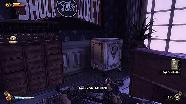 The study that was guarded by the turret contains a new safe and once again youre going to need 5 lockpicks to open it - Find Shock Jockey at the Hall of Heroes | Chapter 8 - Soldiers Field - Chapter 8 - Soldiers Field - BioShock Infinite Guide