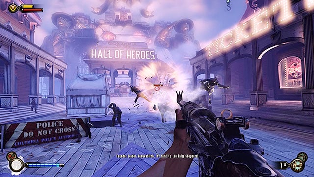 Once youre back outside youll have to take part in a battle with a large group of policemen - Find Shock Jockey at the Hall of Heroes | Chapter 8 - Soldiers Field - Chapter 8 - Soldiers Field - BioShock Infinite Guide