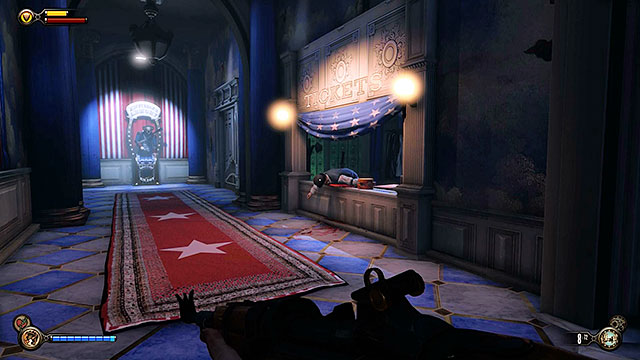 The first thing you should do after entering the Hall of Heroes is to proceed to the left corridor (the one with the motorized patriot) and search the ticket office - Hall of Heroes | Chapter 9 - Hall of Heroes - Chapter 9 - Hall of Heroes - BioShock Infinite Guide