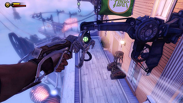 Use the sky-lines to get to the hotels balcony located in the middle of the promenade (between the ice cream shop and the gondola station) - Return to Soldiers Field and power up the gondola | Chapter 12 - Return to Hall of Heroes - Chapter 12 - Return to Hall of Heroes - BioShock Infinite Guide