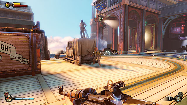 You can explore most of the areas in the docks without any restrictions, however entering a barge located to the right will result in a hostile reaction from its guard - Find Elizabeth | Chapter 13 - Finkton Docks - Chapter 13 - Finkton Docks - BioShock Infinite Guide
