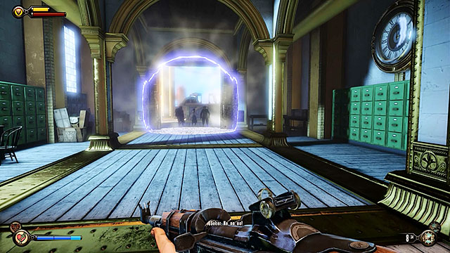 Get to the other side of the barricade and open a large door - Pursue Elizabeth | Chapter 14 - Beggars Wharf - Chapter 14 - Beggars Wharf - BioShock Infinite Guide