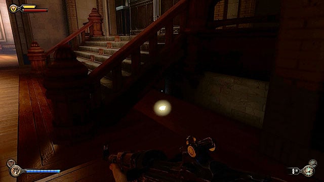 Enter the building, turn left and search the area under the stairs in order to obtain a new lockpick - Find a way into Finkton | Chapter 16 - Worker Induction Center / Finkton Proper - Chapter 16 - Worker Induction Center / Finkton Proper - BioShock Infinite Guide