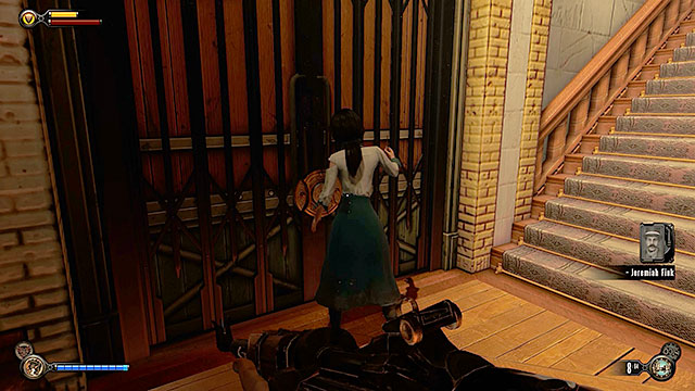 Walk past the people standing in front of a vending machine located in the middle of the hall and use the stairs (it doesnt matter on which side) to get to a lower floor - Find a way into Finkton | Chapter 16 - Worker Induction Center / Finkton Proper - Chapter 16 - Worker Induction Center / Finkton Proper - BioShock Infinite Guide