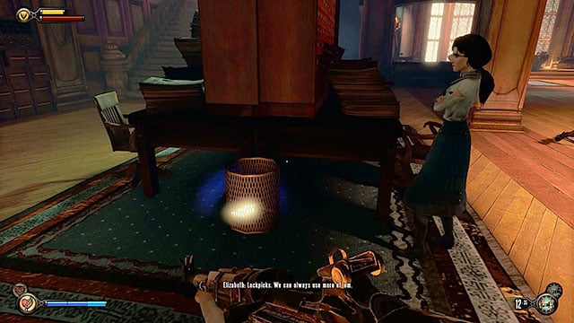 Make sure to check the trash bin located next to one of the bookstand in the middle of the hall to obtain a lockpick - Find a way into Finkton | Chapter 16 - Worker Induction Center / Finkton Proper - Chapter 16 - Worker Induction Center / Finkton Proper - BioShock Infinite Guide