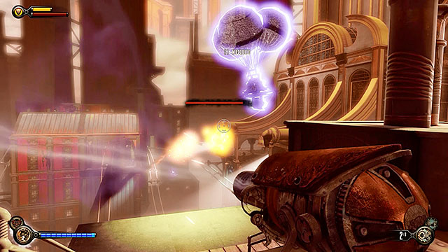 If by some chance you prefer short distance fights, then you should take some time to find Grenade Launchers (on a building in the right side of the square and on a roof of a barge to the left) and Volley Guns (on top of the building to the right) - Destroy the defense turrets | Chapter 21 - Shantytown - Chapter 21 - Shantytown - BioShock Infinite Guide