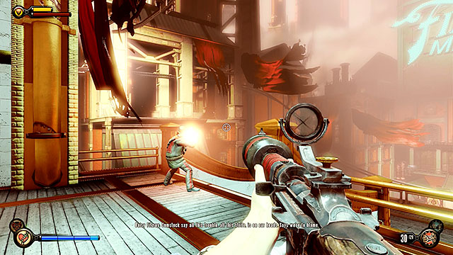 Exit the impound and youll notice that Vox forces are fighting here with the police units - Return to the gunsmiths workshop part 5 | Chapter 23 - Bull Yard - Chapter 23 - Bull Yard - BioShock Infinite Guide