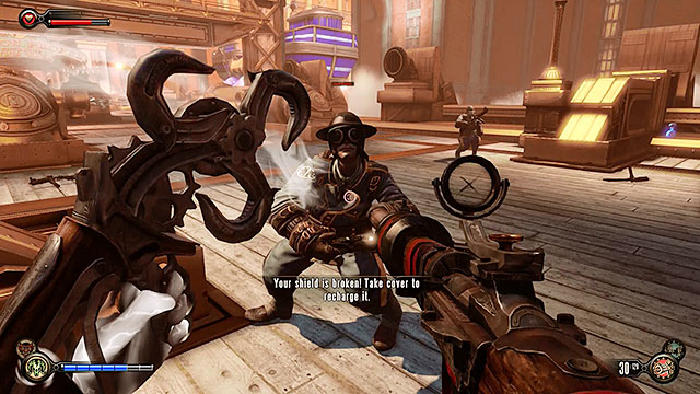 The only way to return to the workshop is to fight your way through the bridge in the Plaza of Zeal - Return to the gunsmiths workshop part 6 | Chapter 24 - Finkton Proper - Chapter 24 - Finkton Proper - BioShock Infinite Guide