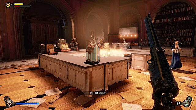 Check the counter found in the middle of the library to find Gear #27 and some cash in the register - Go to Comstock house part 2 | Chapter 29 - Port Prosperity - Chapter 29 - Port Prosperity - BioShock Infinite Guide
