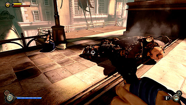 Be careful when using sky-lines after the Handyman has joined the fight, because if youre going to hang on the Sky-Hook for too long he can electrify you - Go to Comstock house part 3 | Chapter 30 - Downtown Emporia - Chapter 30 - Downtown Emporia - BioShock Infinite Guide