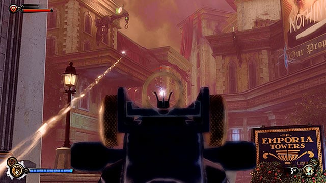 Youre going to be attacked by snipers occupying nearby rooftops after entering the Harmony Lane - Go to Comstock house part 3 | Chapter 30 - Downtown Emporia - Chapter 30 - Downtown Emporia - BioShock Infinite Guide