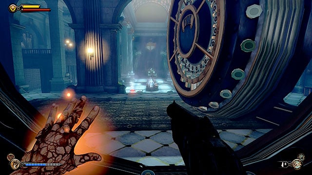 Proceed to the other side of the statue where the tear could originally be found and approach the vaults door - Find the next tear | Chapter 31 - Memorial Gardens - Chapter 31 - Memorial Gardens - BioShock Infinite Guide