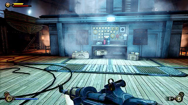 Explore the area near the entrance to this deck to find rifles, Volley Guns and other resources - Find a way to the top deck | Chapter 37 - Hangar Deck - Chapter 37 - Hangar Deck - BioShock Infinite Guide