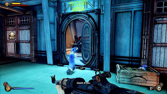 There is a locked gate in the corridor that links the left and the right side of the deck and it leads to Secure Area - Clear the hangar bay Sky-Line | Chapter 37 - Hangar Deck - Chapter 37 - Hangar Deck - BioShock Infinite Guide